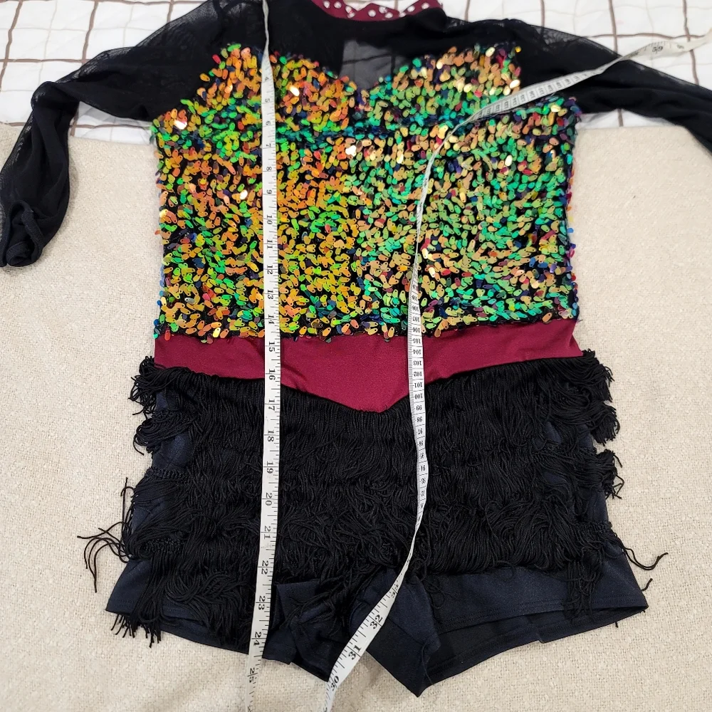 Weissman Sequin Jazz Leotard XXLC  Custom Jewel Neck Fringe Costume  Showstopper
